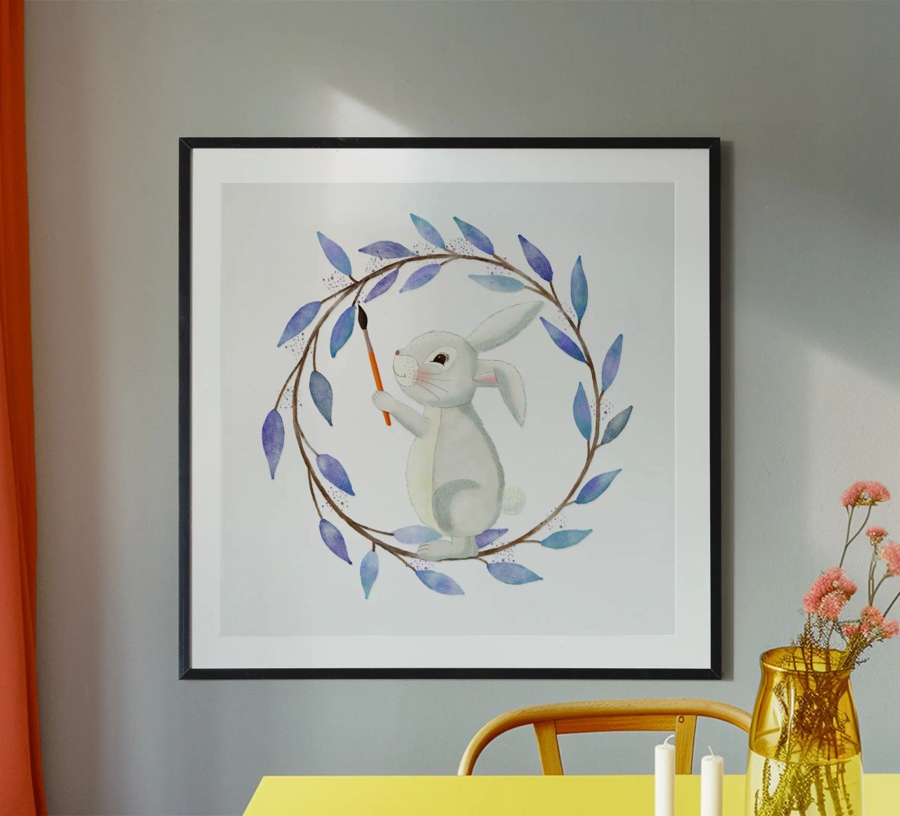 Süßer Hase malt. Blumenkranz. Auarell. Poster von CalliLetters