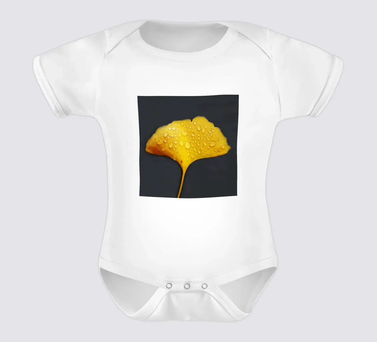 Ginkgo leaf and dew drops short-sleeve baby romper by Teresa André