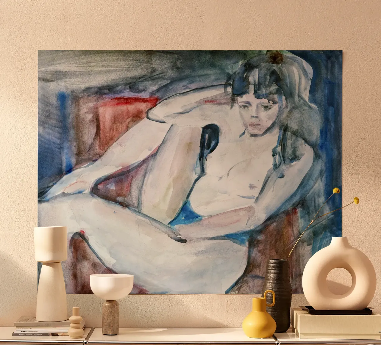 Painting of Nude Girl Lying on a Couch poster con telaio in plastica da Stoian Hitrov