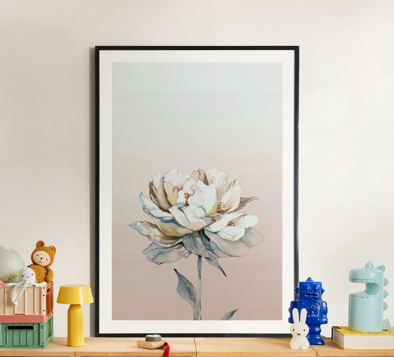 Peonia rosa acquerellata poster con telaio in alluminio da Susana Miranda ilustracion