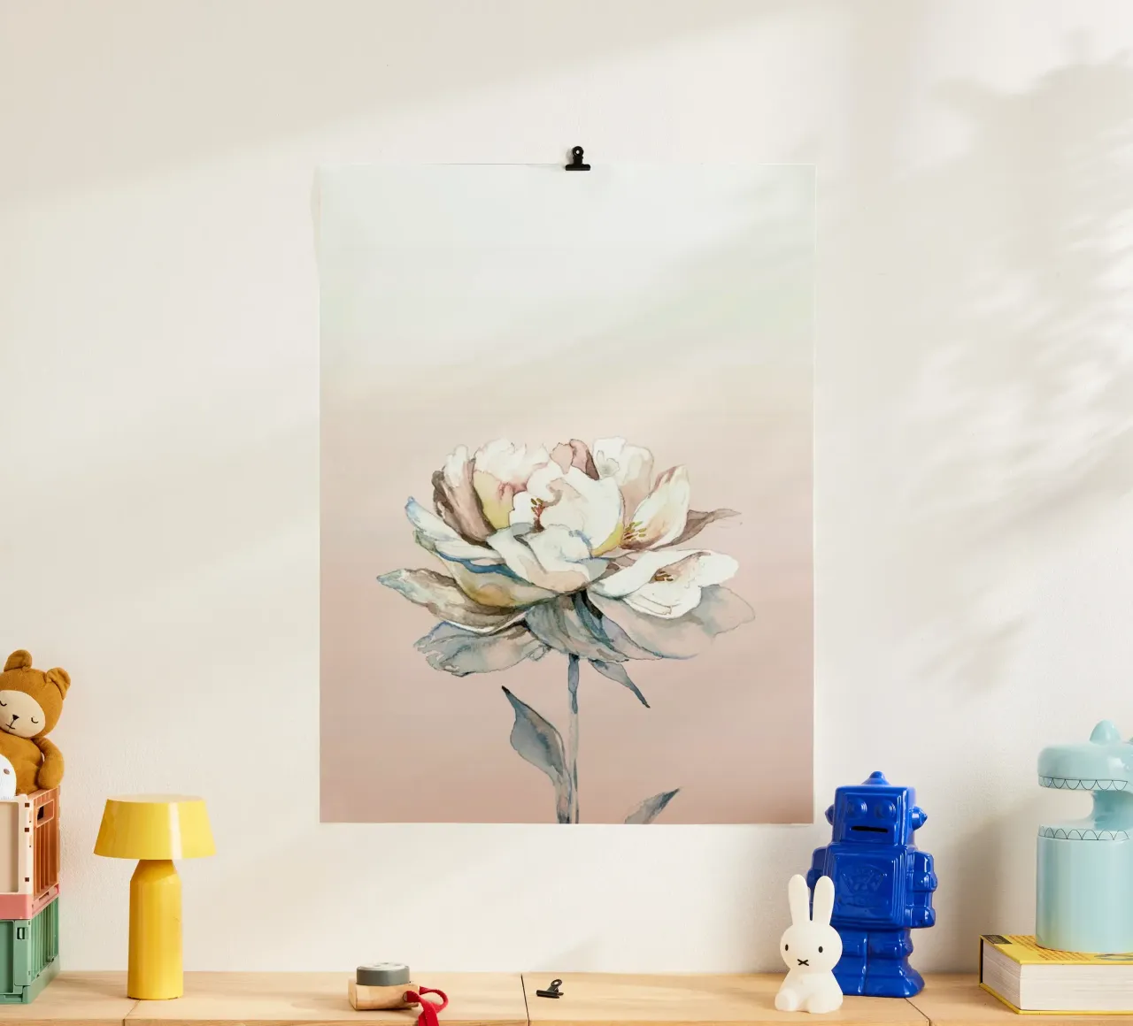 Peonia rosa acquerellata poster con telaio in alluminio da Susana Miranda ilustracion