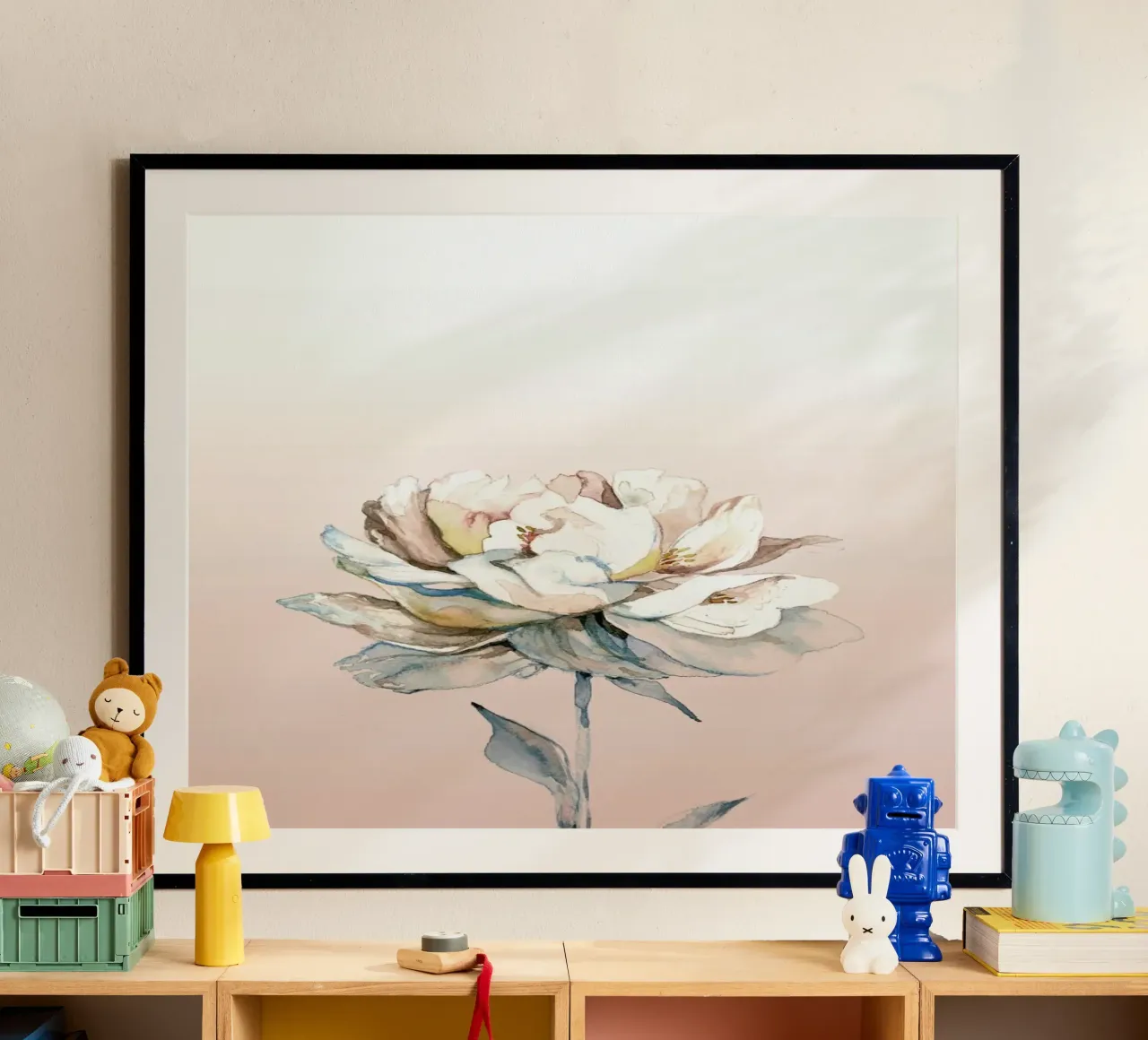 Peonia rosa acquerellata poster con telaio in alluminio da Susana Miranda ilustracion