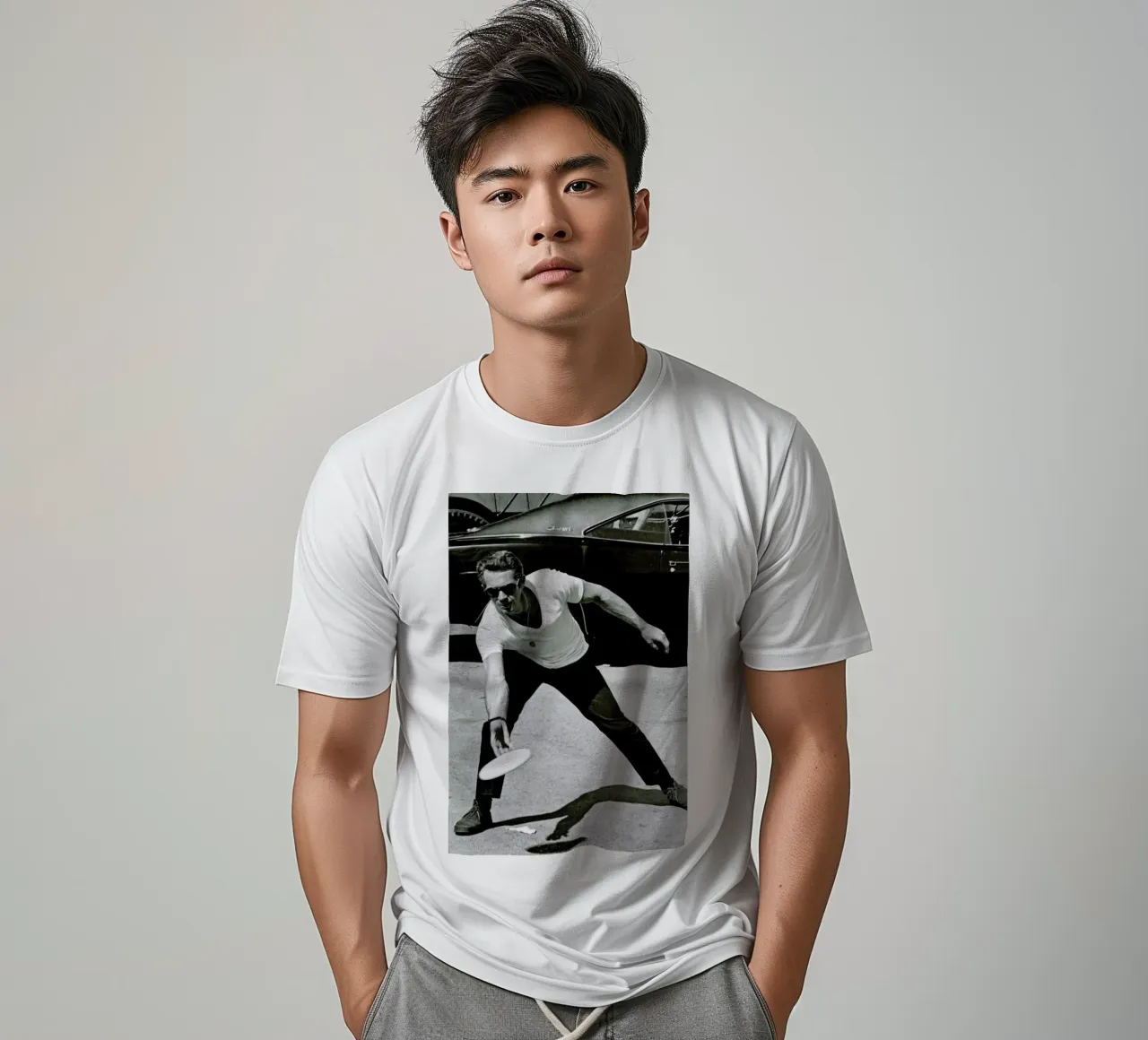 Steve McQueen Playing Frisbee t-shirt da Gallery Print and Art Limited