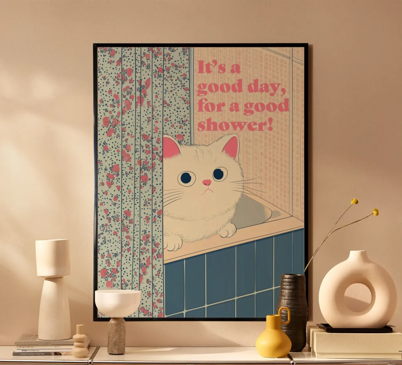 Tenda da doccia per gatti - Decorazione creativa e divertente per il bagno poster da Kaji