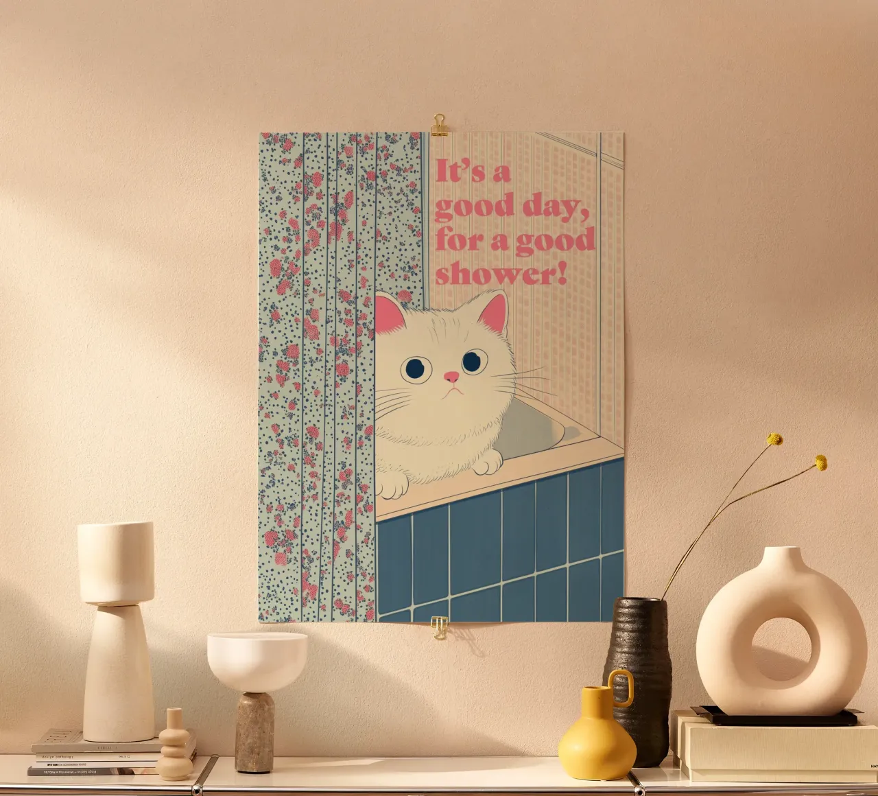 Tenda da doccia per gatti - Decorazione creativa e divertente per il bagno poster da Kaji