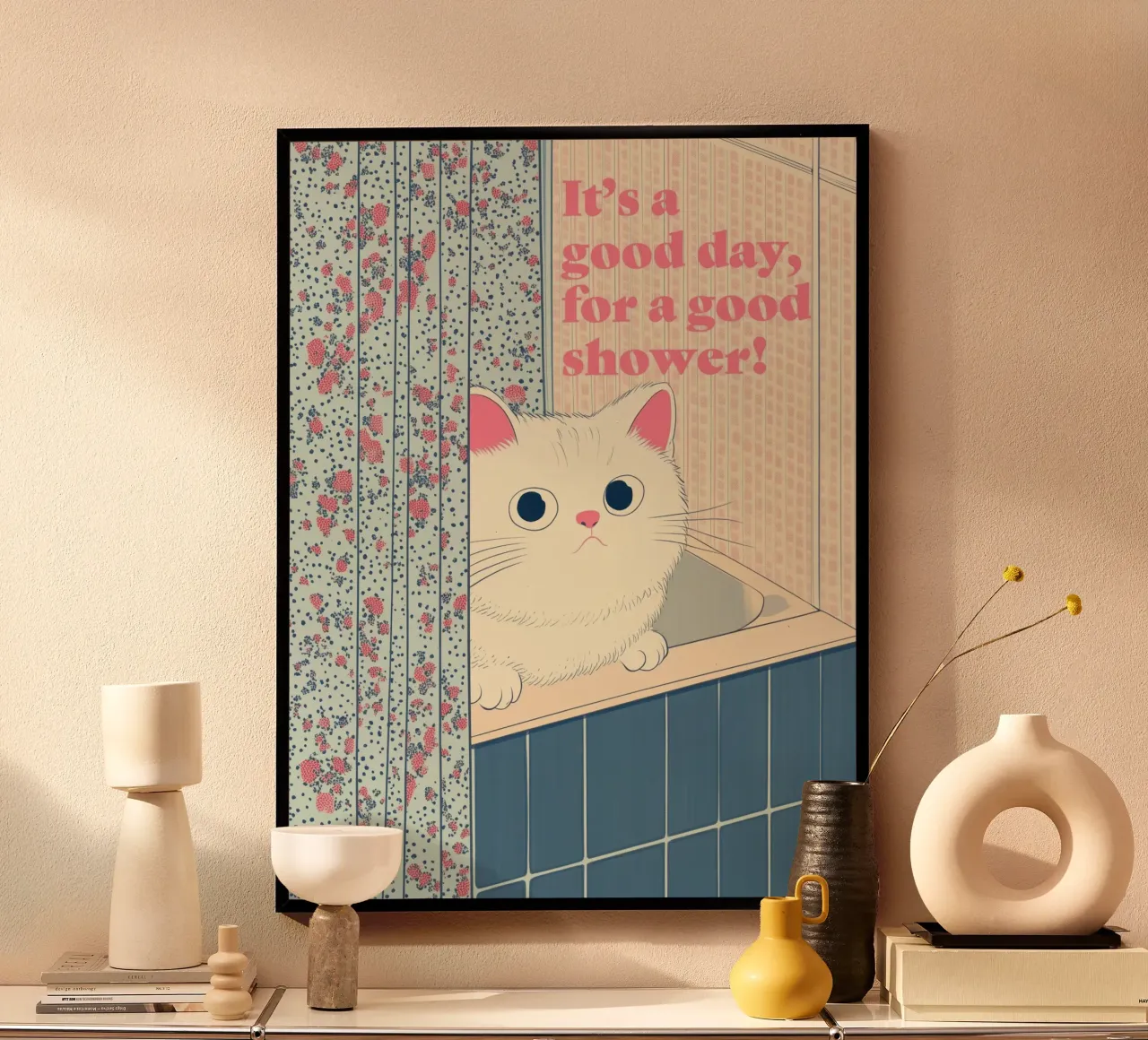 Tenda da doccia per gatti - Decorazione creativa e divertente per il bagno poster da Kaji