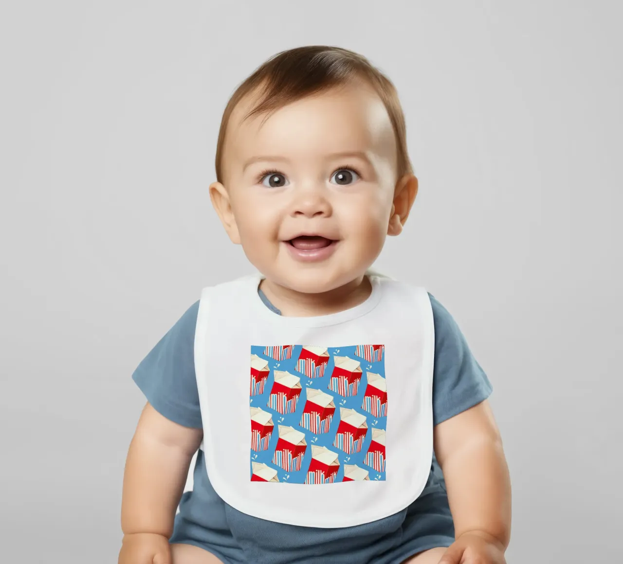 Lunch Patterns Milk Blue baby bib by Kelly Gilleran