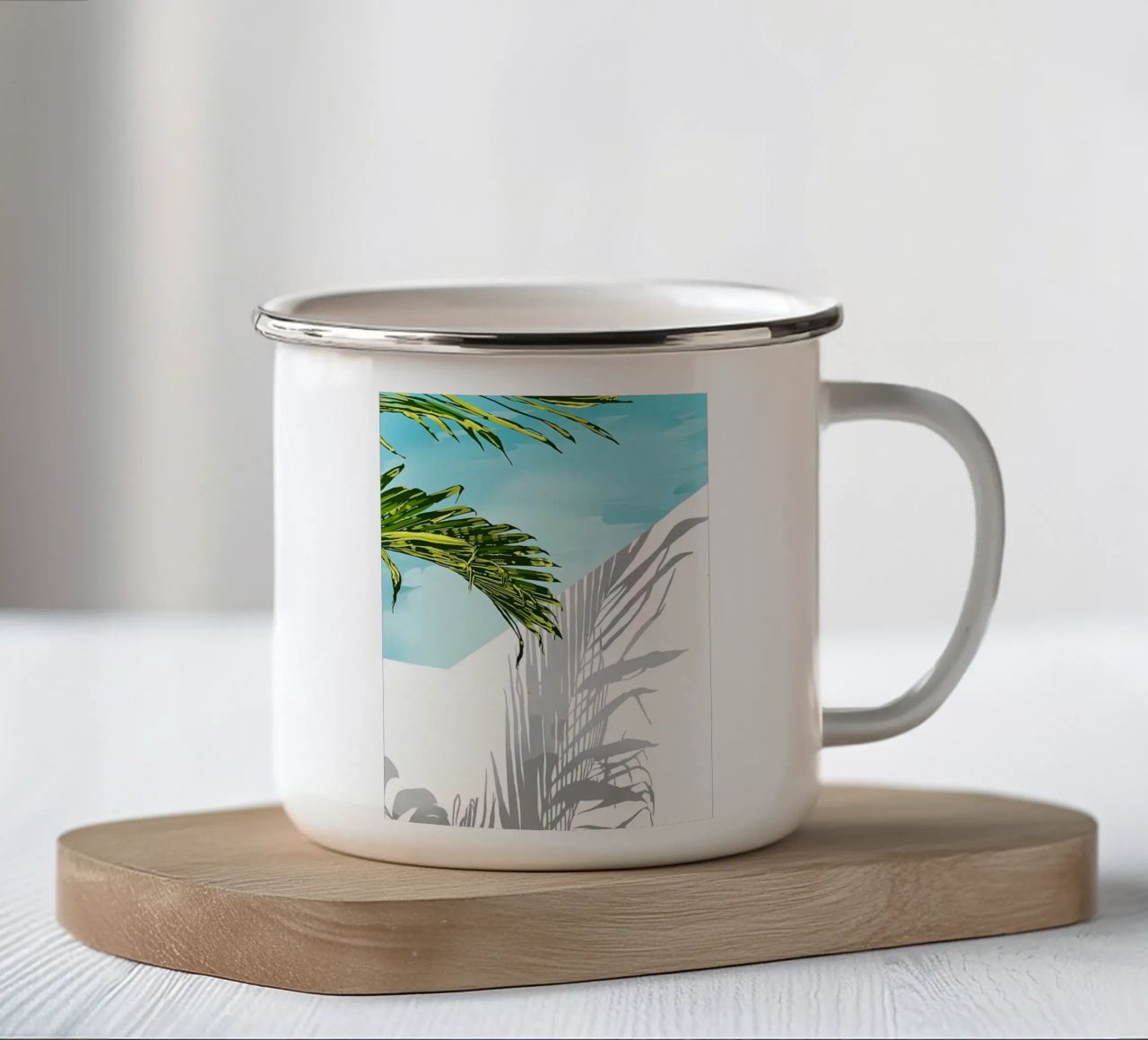 Palmen in meinem Hinterhof Emaille Tasse von Desiyatnikov