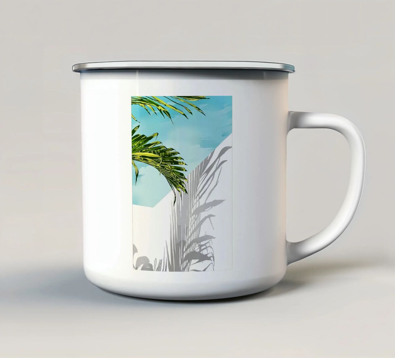 Palmen in meinem Hinterhof Emaille Tasse von Desiyatnikov