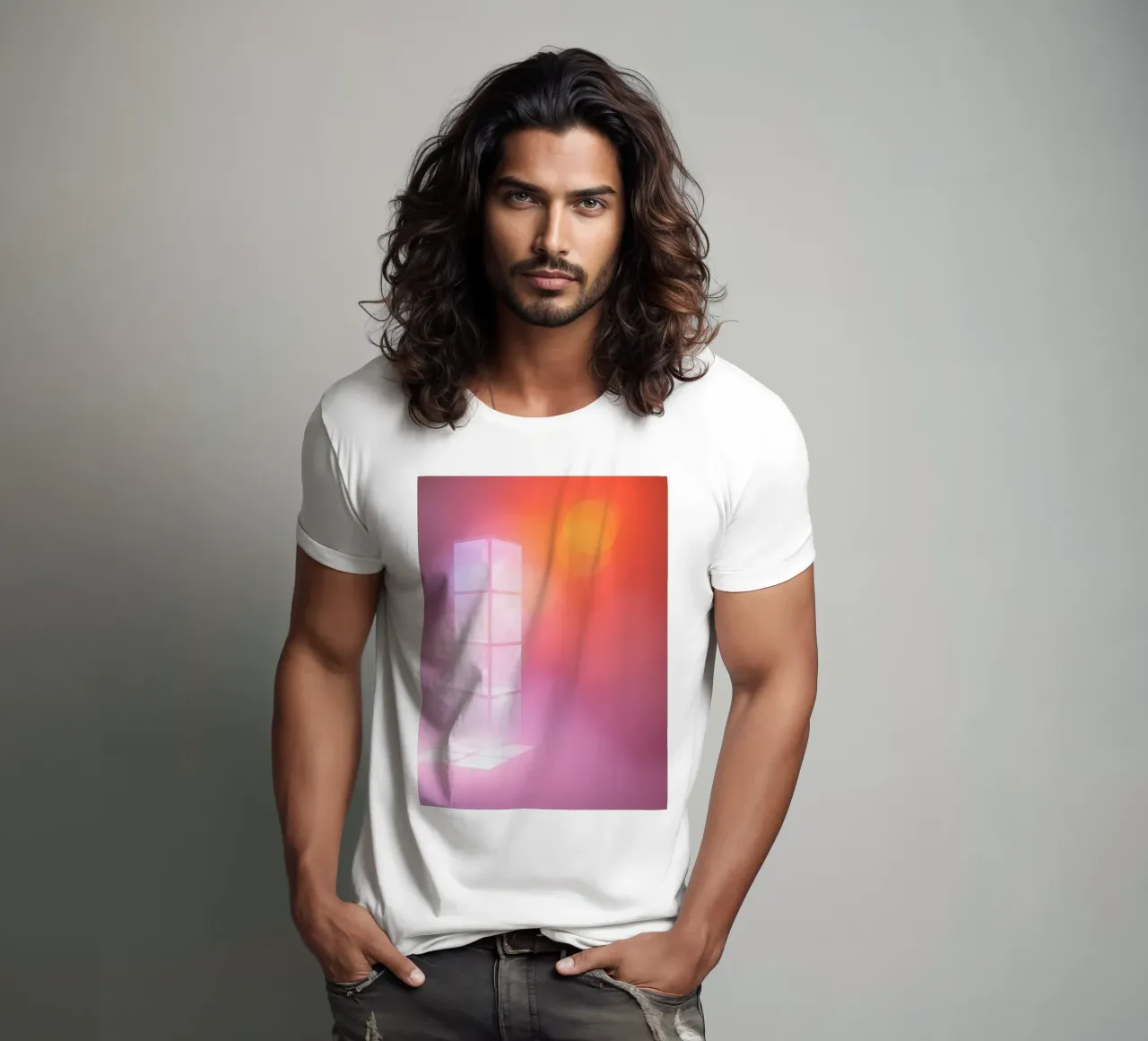 Vibrant illuminated structure in fog t-shirt by DesignDoodle