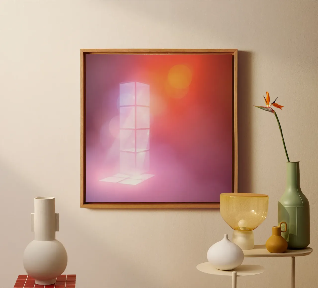 Vibrant illuminated structure in fog canvas by DesignDoodle