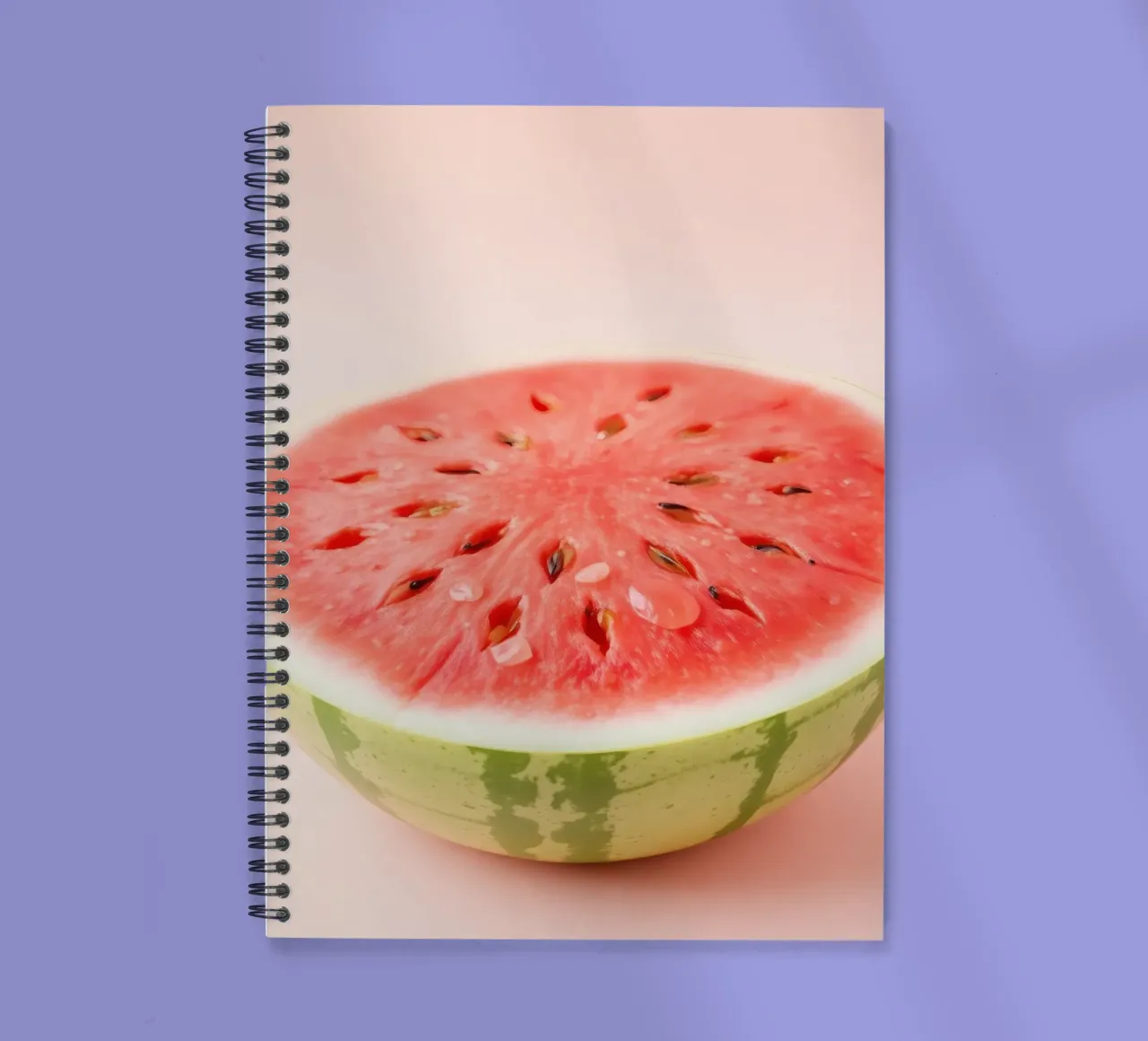 Freshly cut watermelon half showcasing vibrant red spiral notebook by DesignDoodle