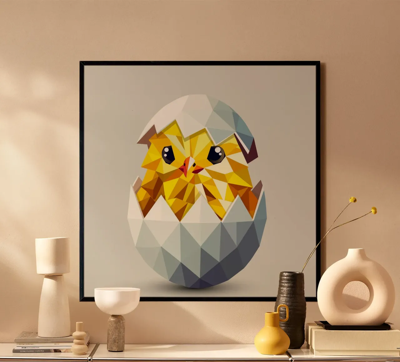 Pulcino geometrico in un uovo - Illustrazione pasquale moderna poster con telaio in legno da namosh