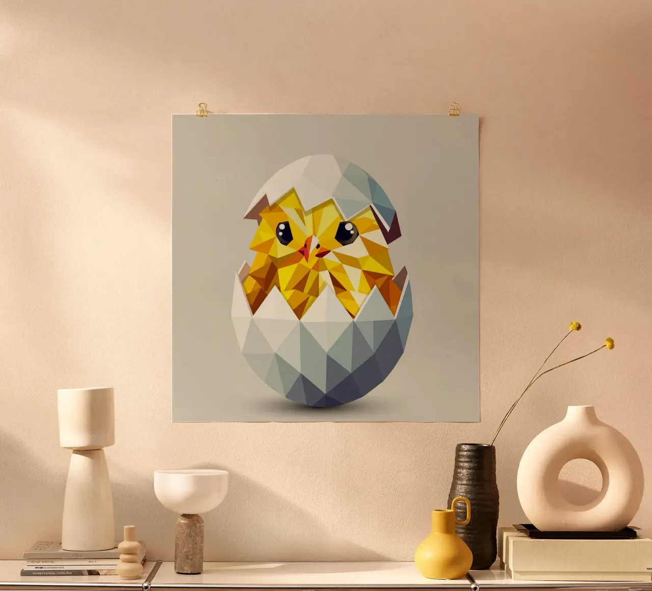 Pulcino geometrico in un uovo - Illustrazione pasquale moderna poster con telaio in legno da namosh