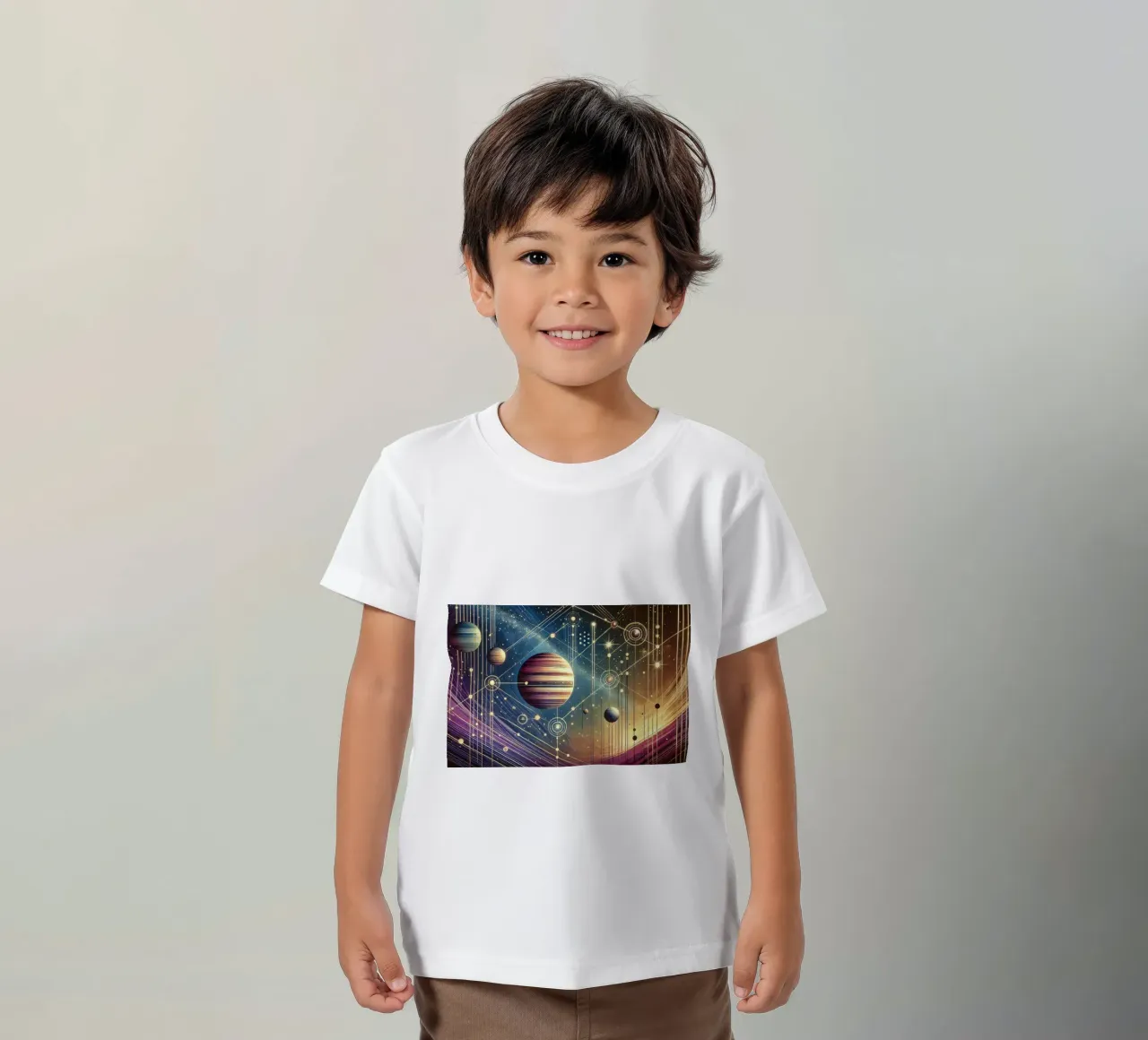 Galactic Harmony Scene in Art Deco kids t-shirt by Chromatic Fusion Studio