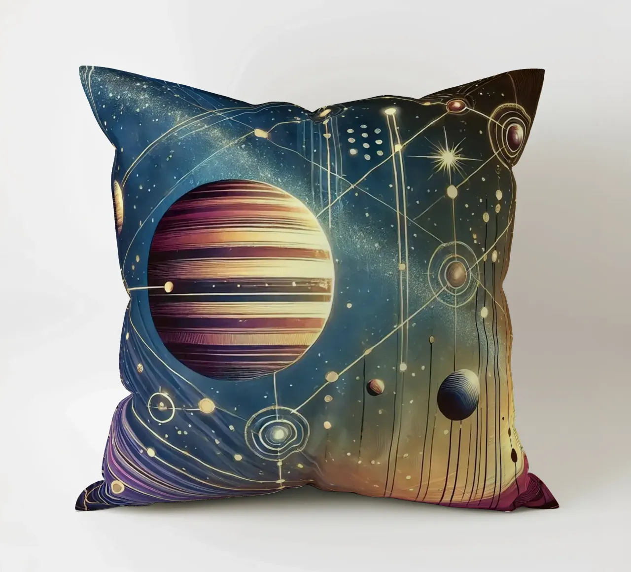 Galactic Harmony Scene in Art Deco decorative cushion by Chromatic Fusion Studio