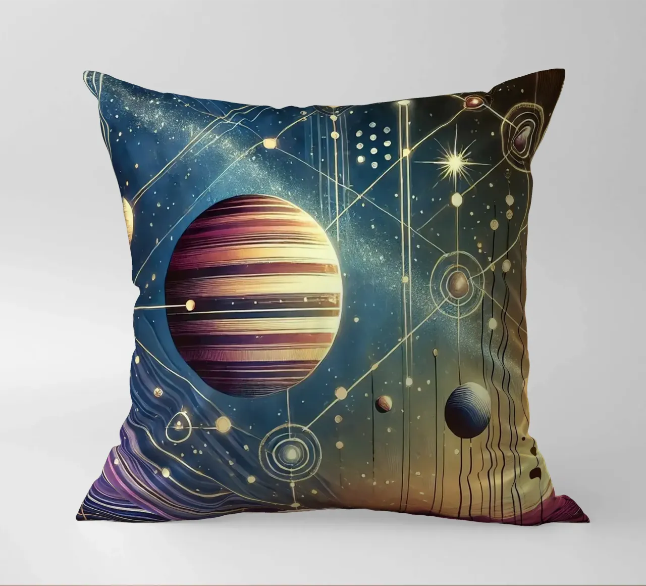 Galactic Harmony Scene in Art Deco decorative cushion by Chromatic Fusion Studio