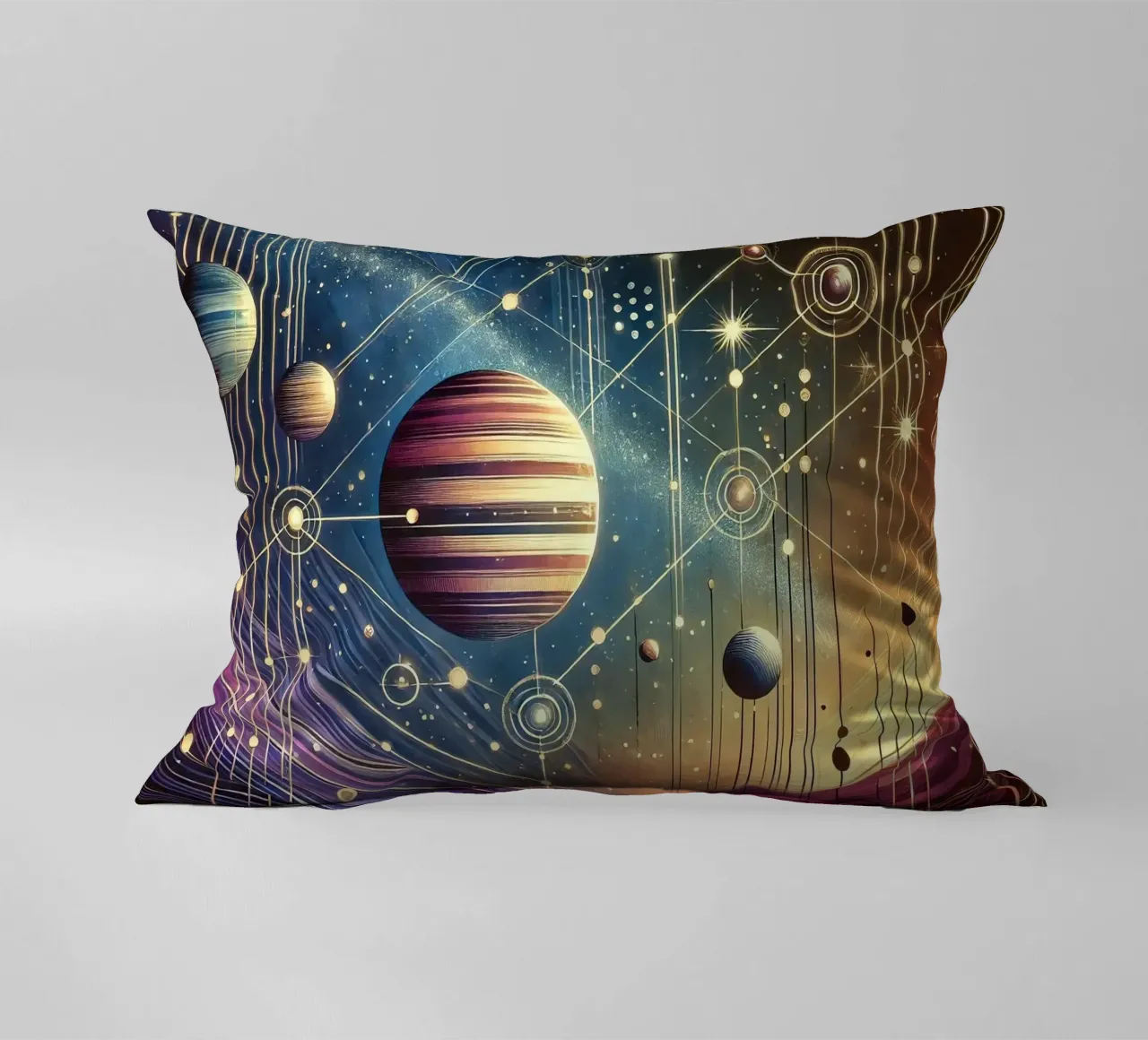 Galactic Harmony Scene in Art Deco decorative cushion by Chromatic Fusion Studio