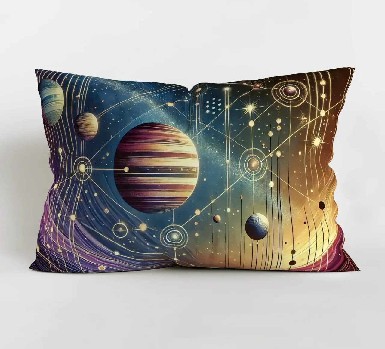 Galactic Harmony Scene in Art Deco decorative cushion by Chromatic Fusion Studio