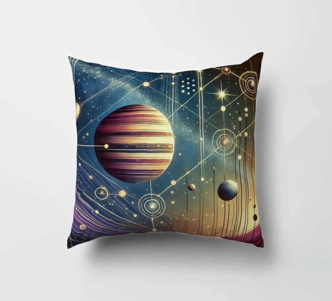 Galactic Harmony Scene in Art Deco decorative cushion by Chromatic Fusion Studio