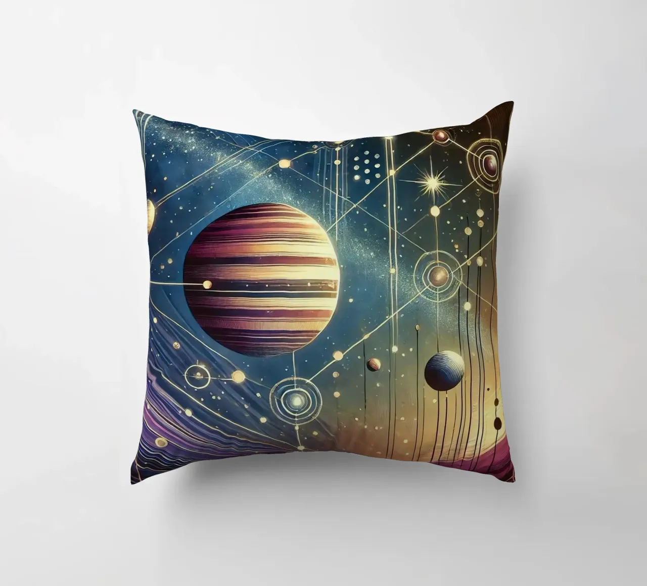 Galactic Harmony Scene in Art Deco decorative cushion by Chromatic Fusion Studio