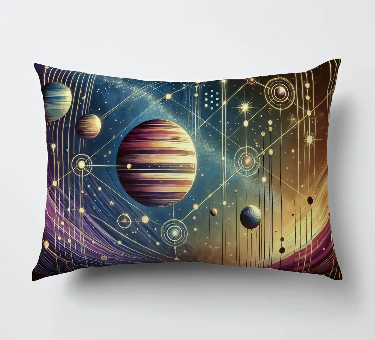 Galactic Harmony Scene in Art Deco decorative cushion by Chromatic Fusion Studio
