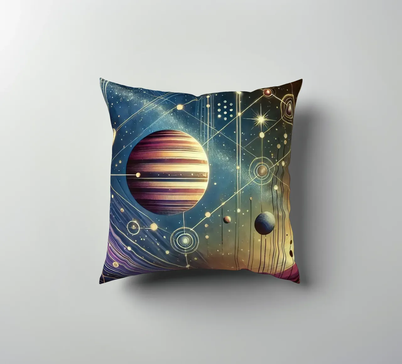 Galactic Harmony Scene in Art Deco decorative cushion by Chromatic Fusion Studio