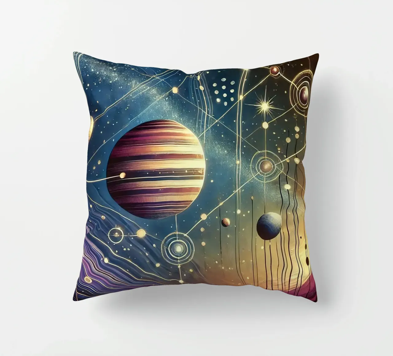 Galactic Harmony Scene in Art Deco decorative cushion by Chromatic Fusion Studio