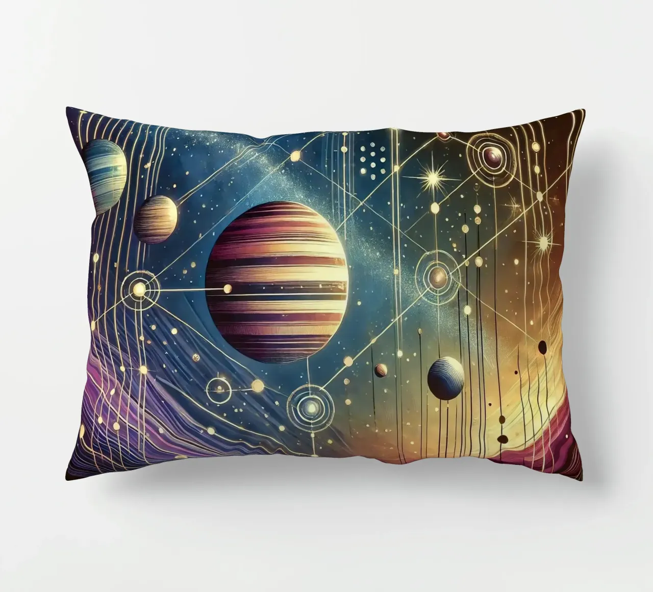 Galactic Harmony Scene in Art Deco decorative cushion by Chromatic Fusion Studio