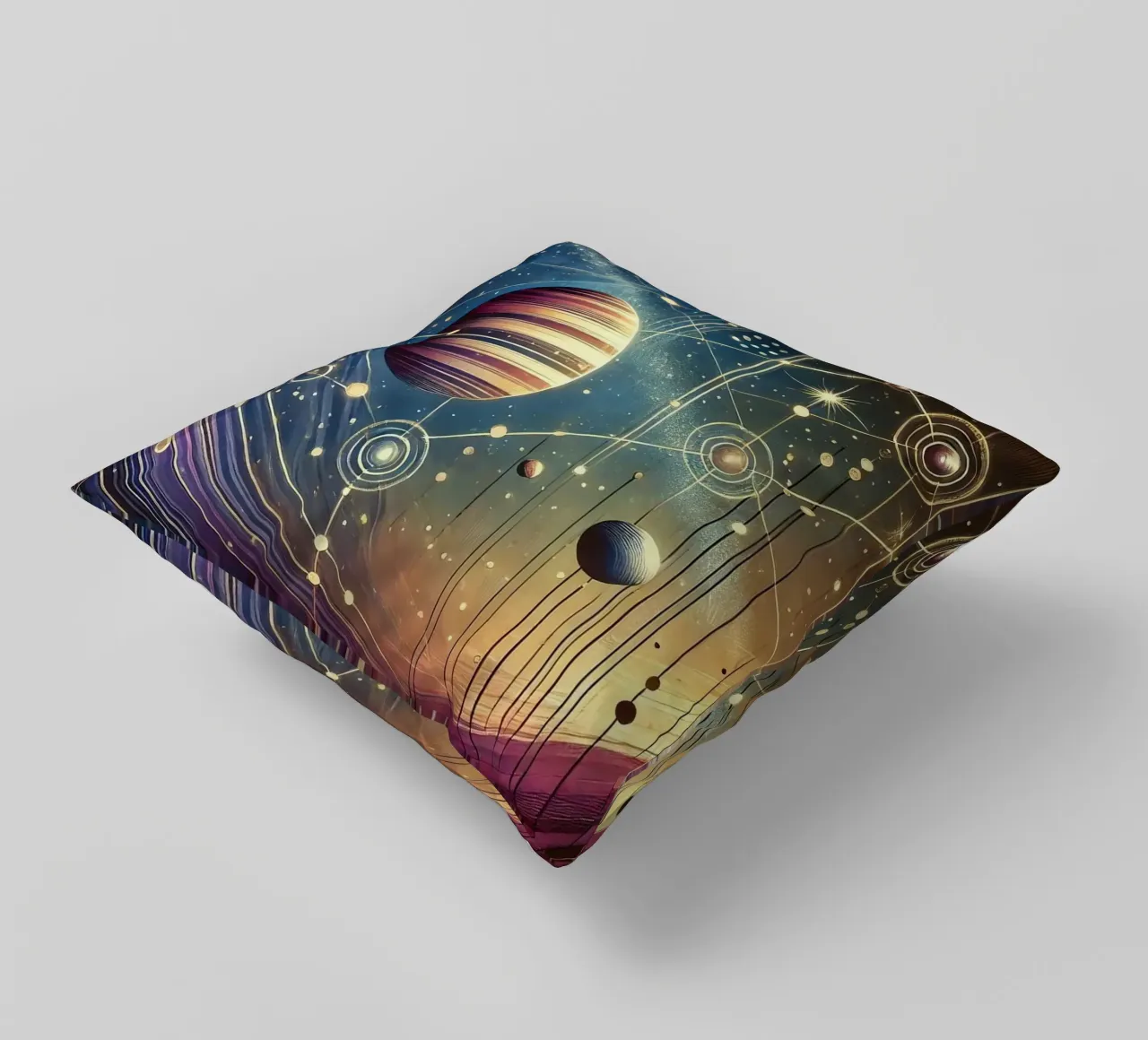 Galactic Harmony Scene in Art Deco decorative cushion by Chromatic Fusion Studio
