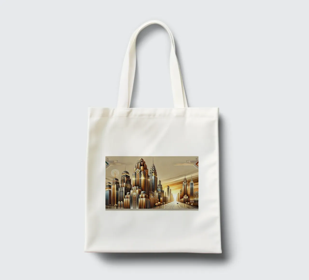 Goldene Skyline der Stadt bei Sonnenuntergang im Art déco Jutebeutel von Chromatic Fusion Studio