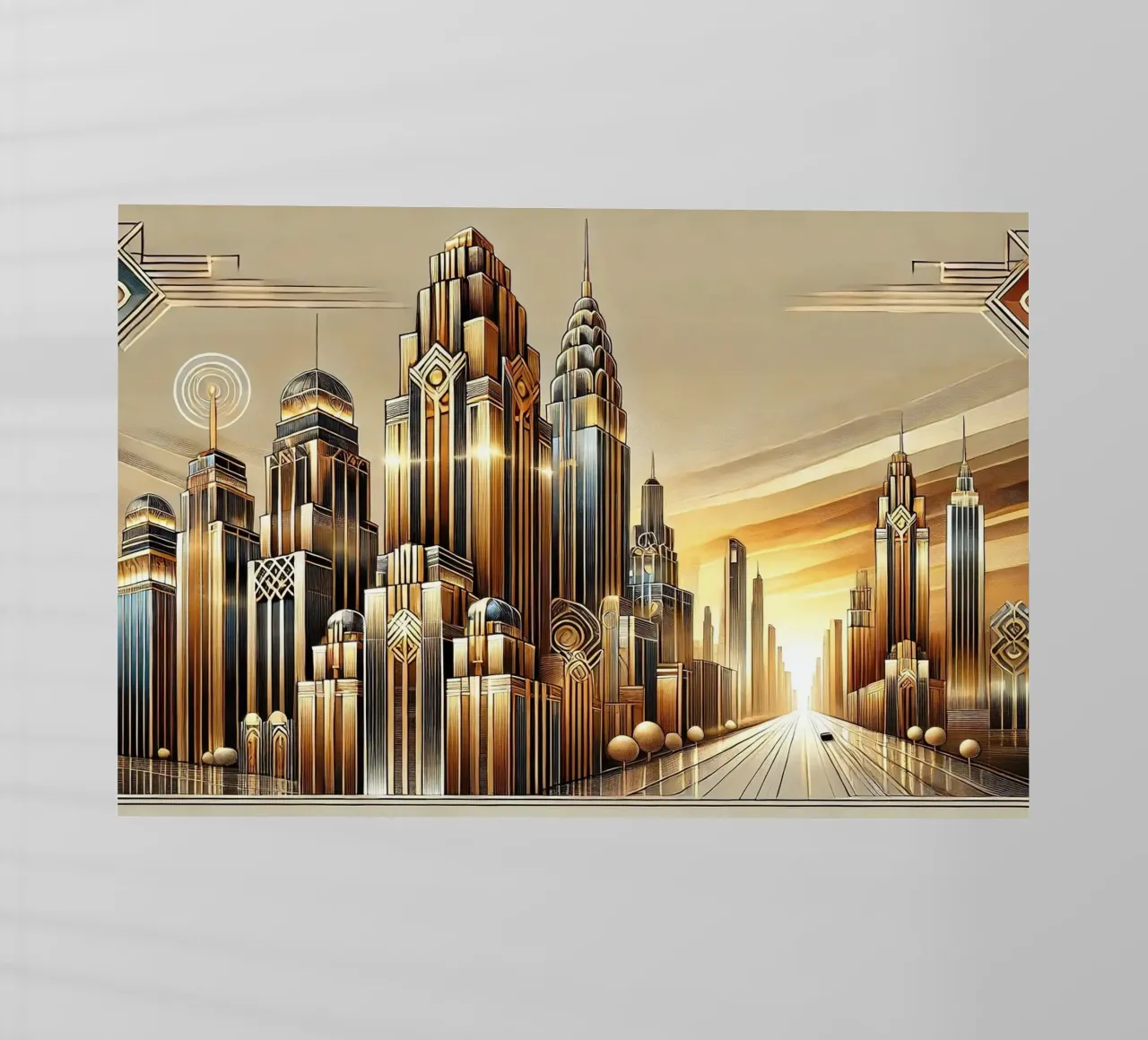 Skyline della città d'oro al tramonto in Art Deco pellicola backlit da Chromatic Fusion Studio