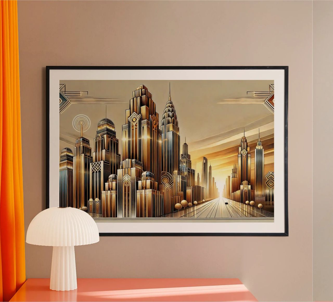 Golden City Skyline at Sunset in Art Deco poster by Chromatic Fusion Studio