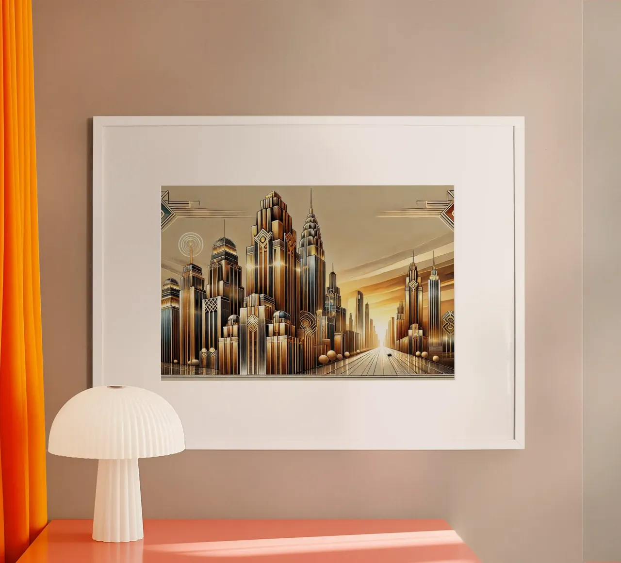 Goldene Skyline der Stadt bei Sonnenuntergang im Art déco Hahnemühle von Chromatic Fusion Studio