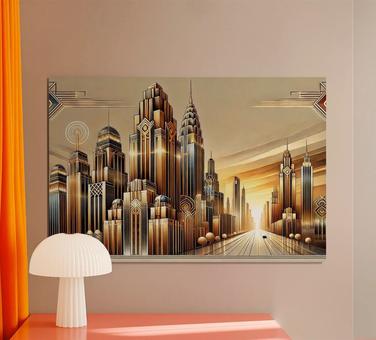 Golden City Skyline at Sunset in Art Deco poster by Chromatic Fusion Studio