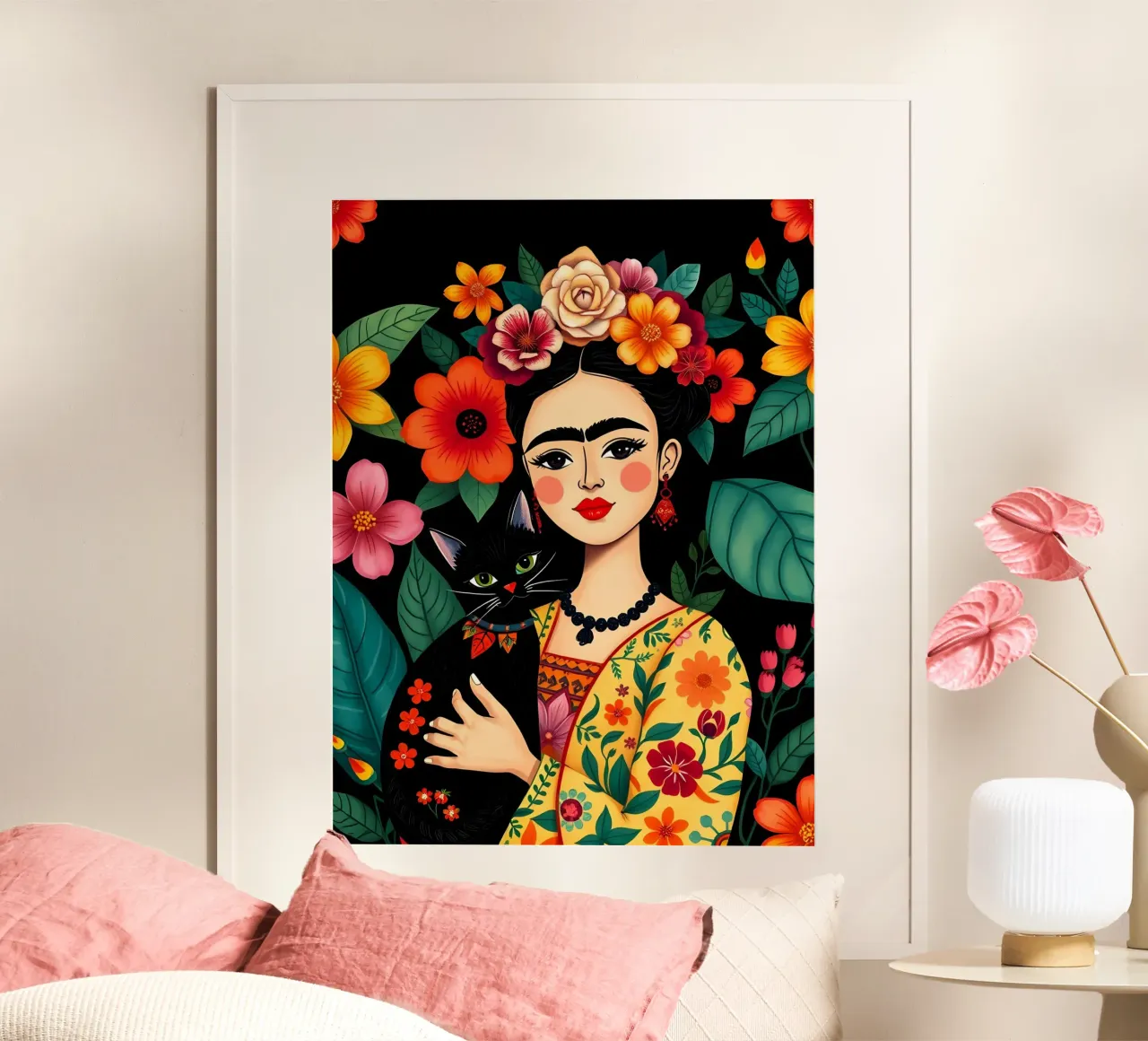 FRIDA KAHLO E IL GATTO poster con telaio in plastica da COLLEEN CRAFTS