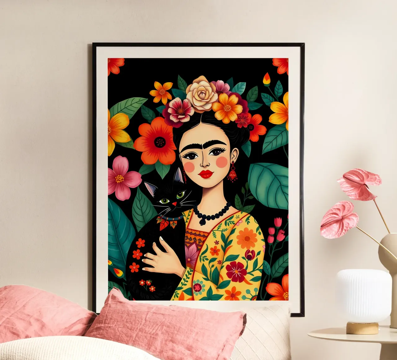 FRIDA KAHLO E IL GATTO poster con telaio in plastica da COLLEEN CRAFTS