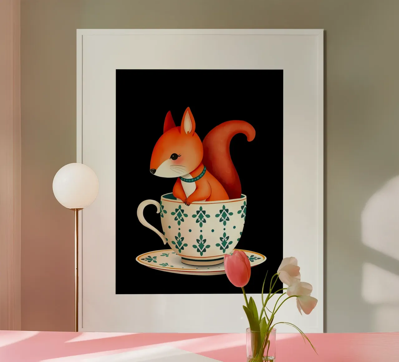 Écureuil dans une tasse de thé poster avec cadre en plastique de COLLEEN CRAFTS