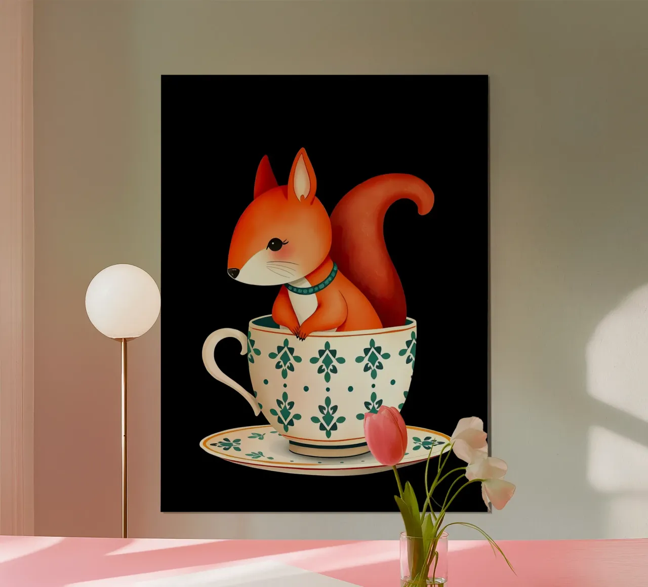 Écureuil dans une tasse de thé poster avec cadre en plastique de COLLEEN CRAFTS