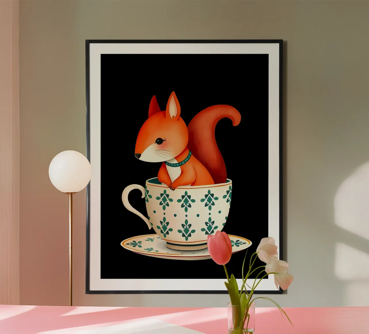 Écureuil dans une tasse de thé poster avec cadre en plastique de COLLEEN CRAFTS