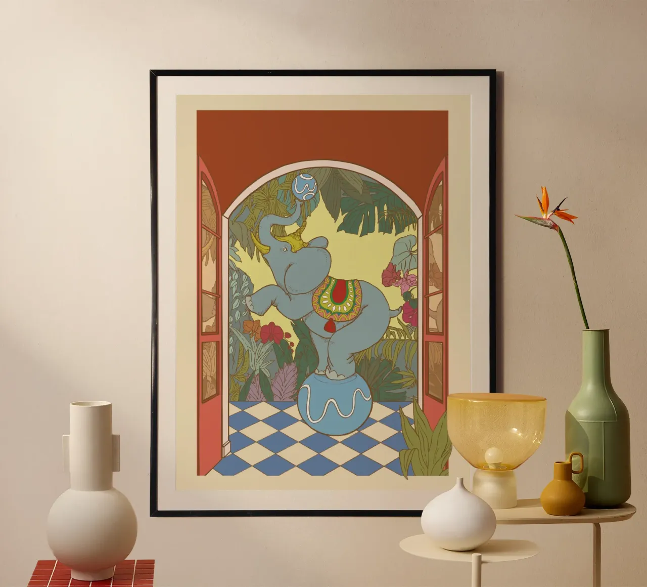 Blue Elephant poster with wooden frame by Rosita Pepita