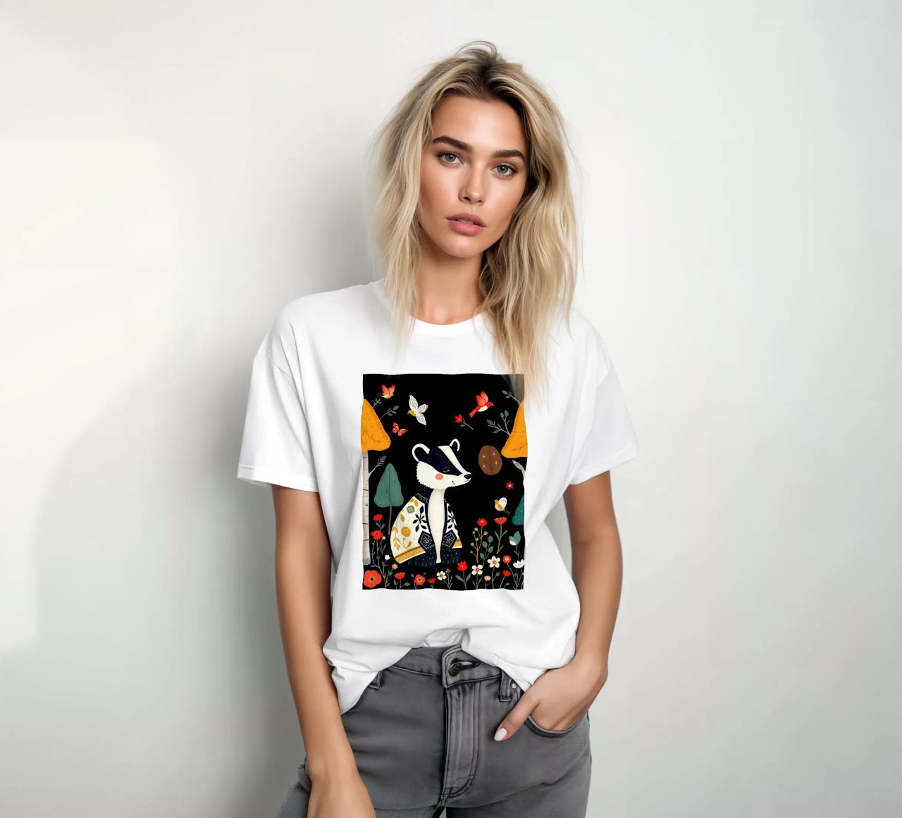 TASSO E UCCELLI IN UN BOSCO t-shirt da COLLEEN CRAFTS