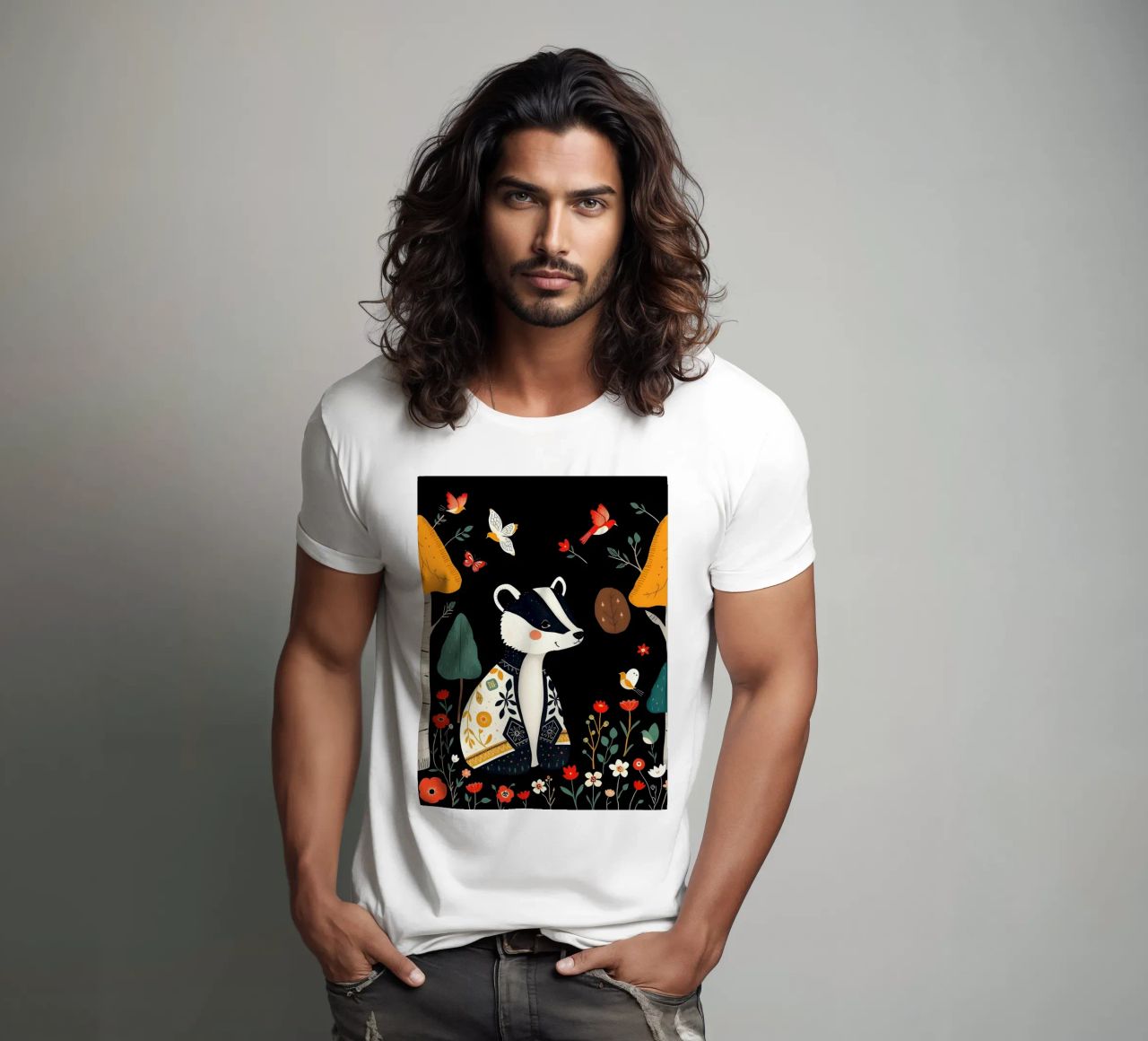 TASSO E UCCELLI IN UN BOSCO t-shirt da COLLEEN CRAFTS