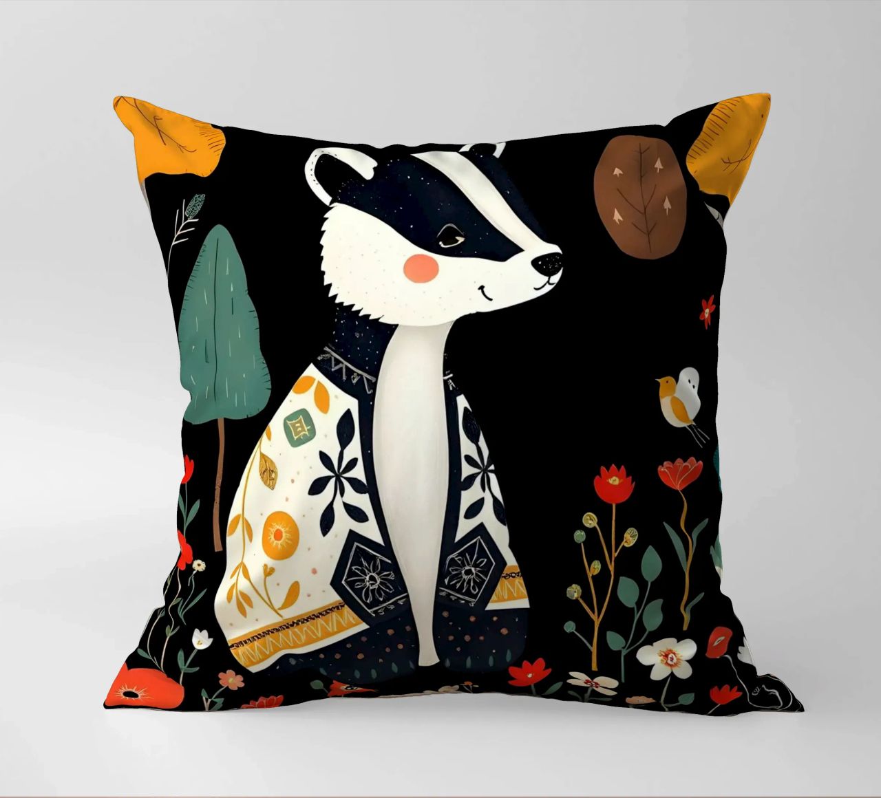 TASSO E UCCELLI IN UN BOSCO cuscino da COLLEEN CRAFTS