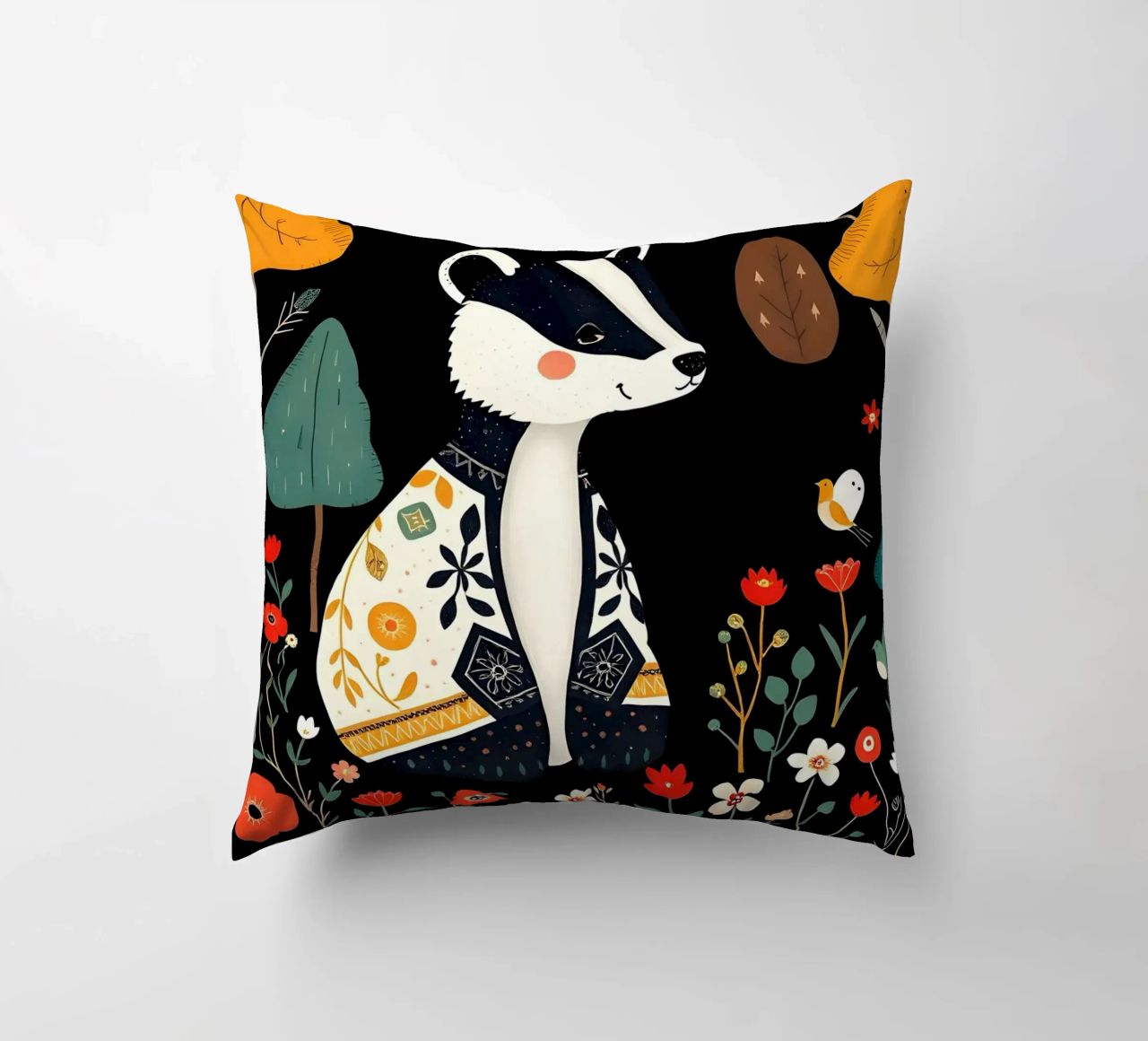 TASSO E UCCELLI IN UN BOSCO cuscino da COLLEEN CRAFTS