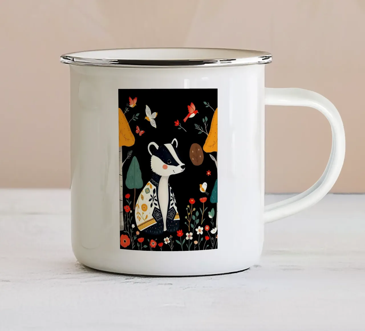 TEJÓN Y AVES EN UN BOSQUE taza de esmalte de COLLEEN CRAFTS