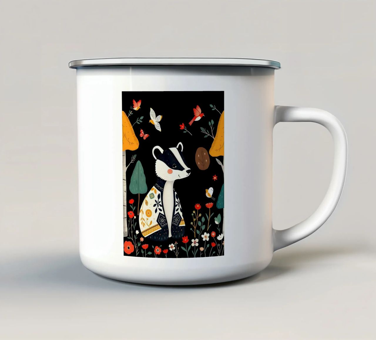 TASSO E UCCELLI IN UN BOSCO tazza in smalto da COLLEEN CRAFTS