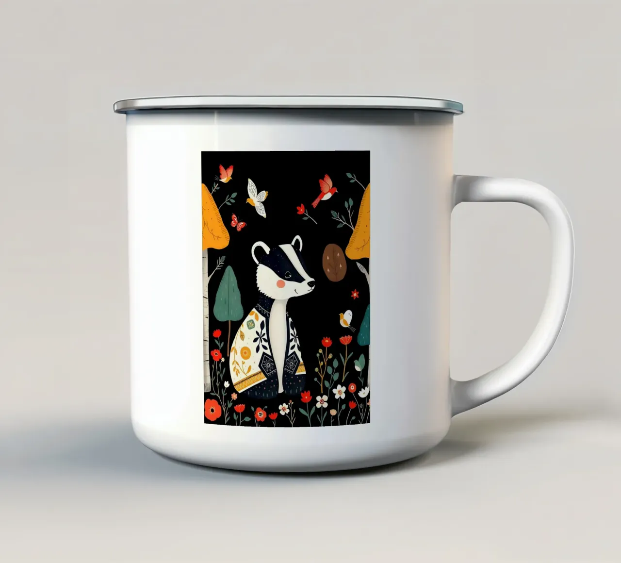TEJÓN Y AVES EN UN BOSQUE taza de esmalte de COLLEEN CRAFTS
