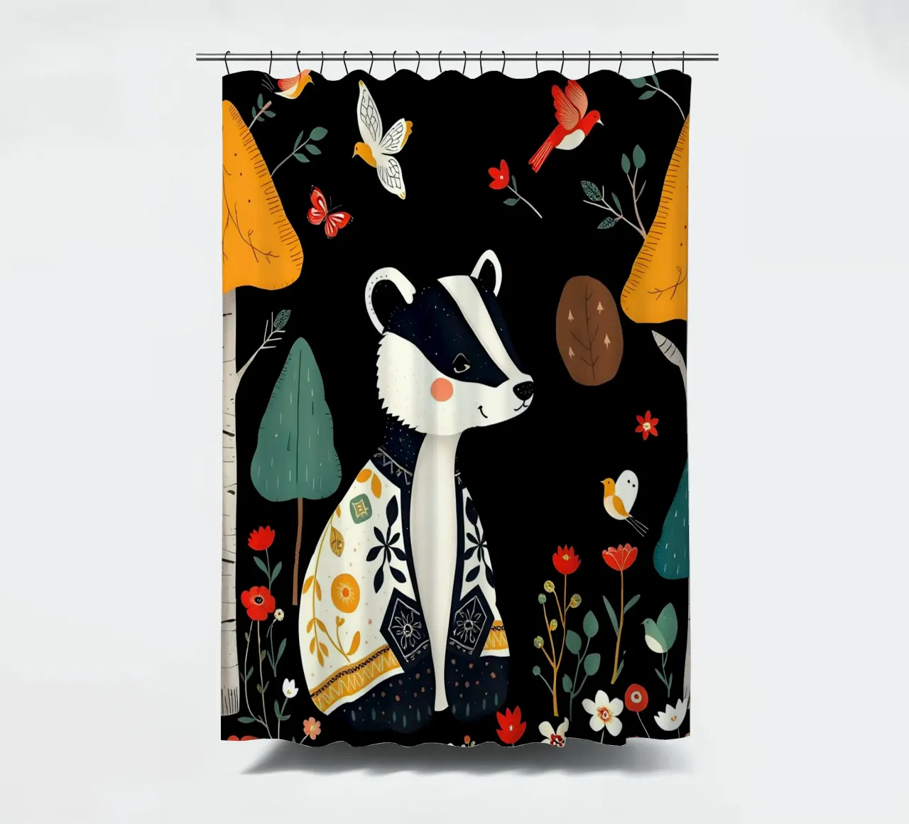 TASSO E UCCELLI IN UN BOSCO tenda da doccia da COLLEEN CRAFTS