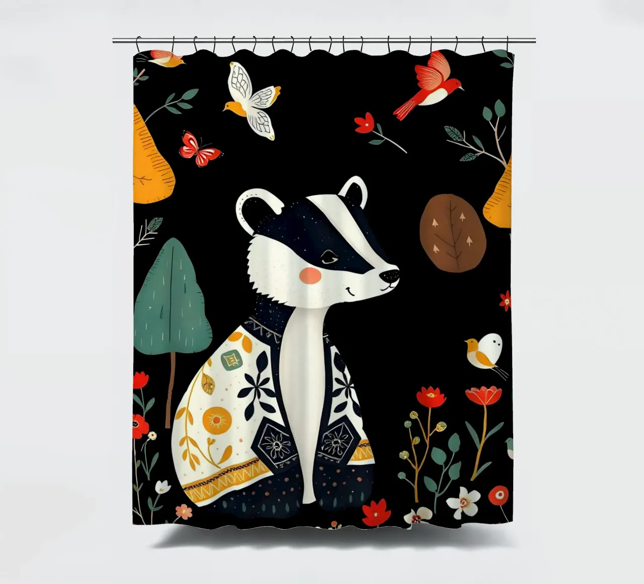 TASSO E UCCELLI IN UN BOSCO tenda da doccia da COLLEEN CRAFTS